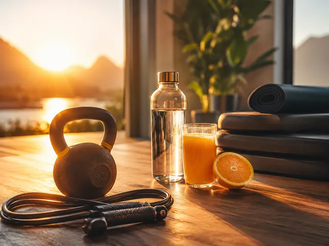 Kettlebell, Wasser und Sonnenaufgang als Sinnbild für Energielevel