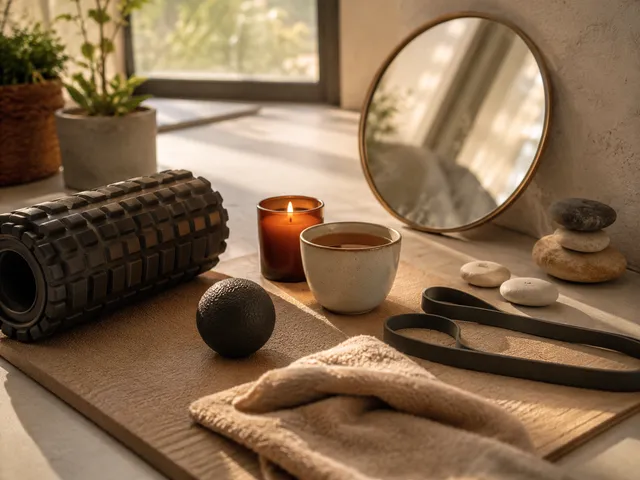 Faszienrolle, Massageball und Tee als Sinnbild für Körpergefühl