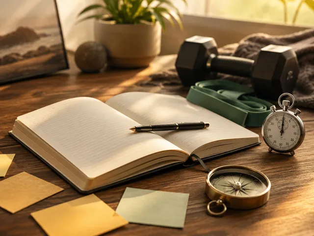 Notizbuch, Hantel und Kompass als Sinnbild für das Mindset